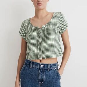 Madewell Tie-Front Crop Top in Yarn-Dyed Check Versailles green M